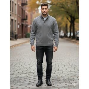 F/X Fusion textured Preppy academia Cotton knit Sweater Gray Mock Neck Size-L